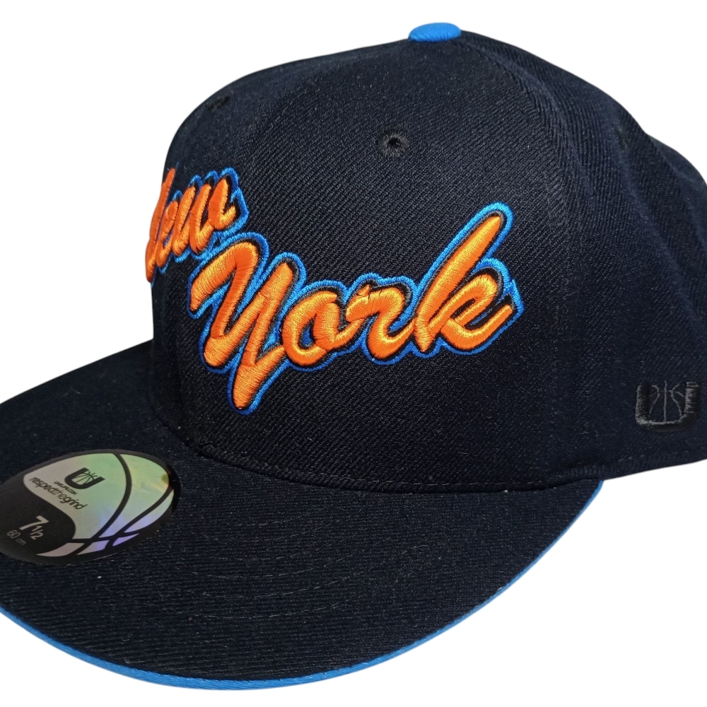New UNK NBA New York Knicks Fitted Hat Black Orange & Blue Size 7 1/2